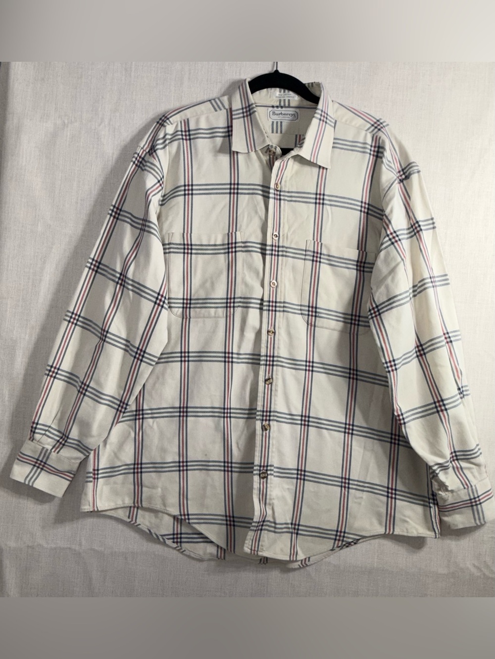 Burberry Cream Plaid Button-Down Shirt with Navy and Red Lines